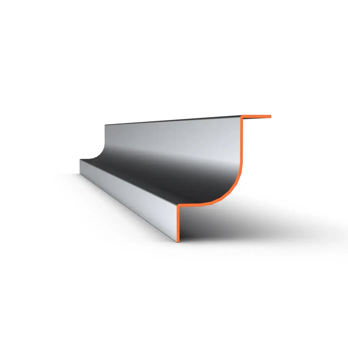 Rendered 3D perspective view of a metallic coved profile with orange-highlighted edge cross-section.