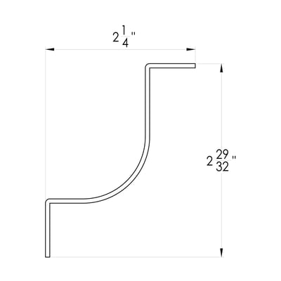 Dimensioned cross-section profile of a curved metal trim measuring 2 1/4 inches wide by 2 29/32 inches high.