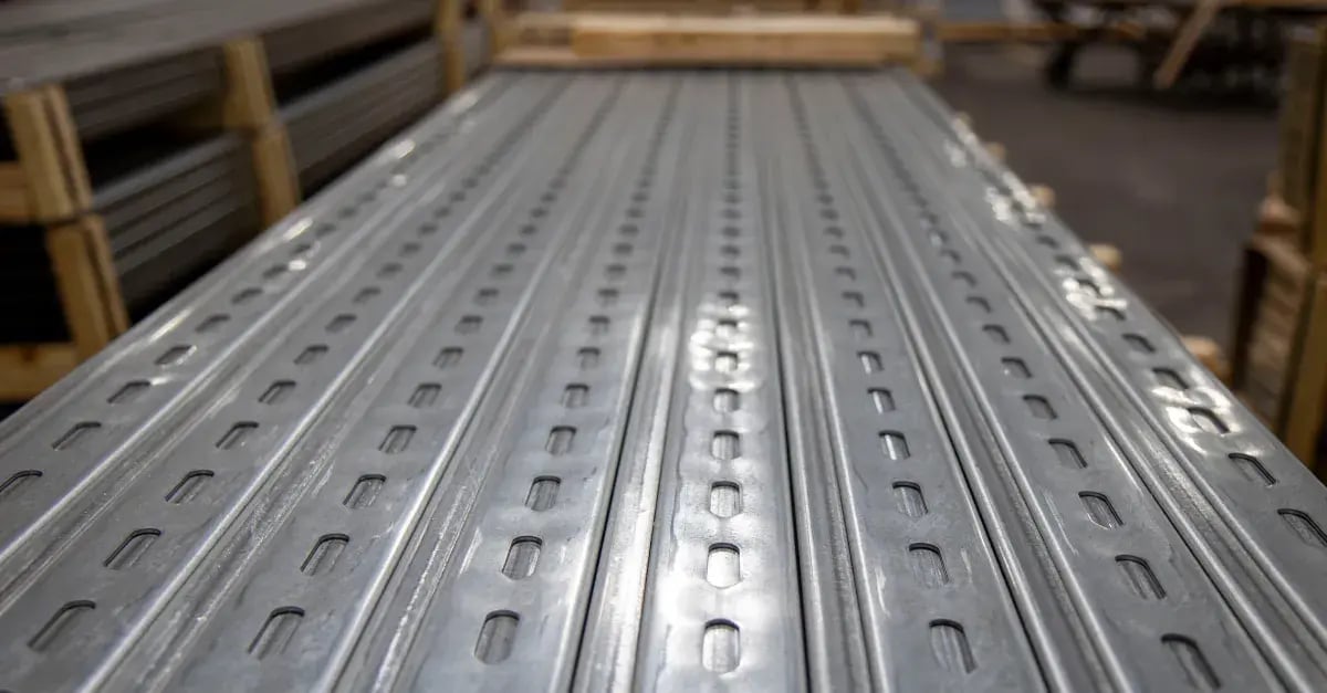 Close-up perspective view of slotted galvanized steel strut channels stacked horizontally.